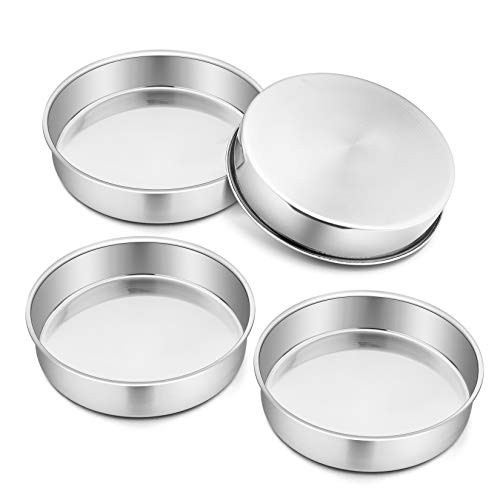 P&P CHEF Cake Pan Set of 4, Stainless Steel Baking Round Cake Pans Tins Bakeware for Birthday Wedding, Leak-proof & Easy Clean, Mirror Finish & Easy Releasing, 9.5 Inch | Amazon (US)