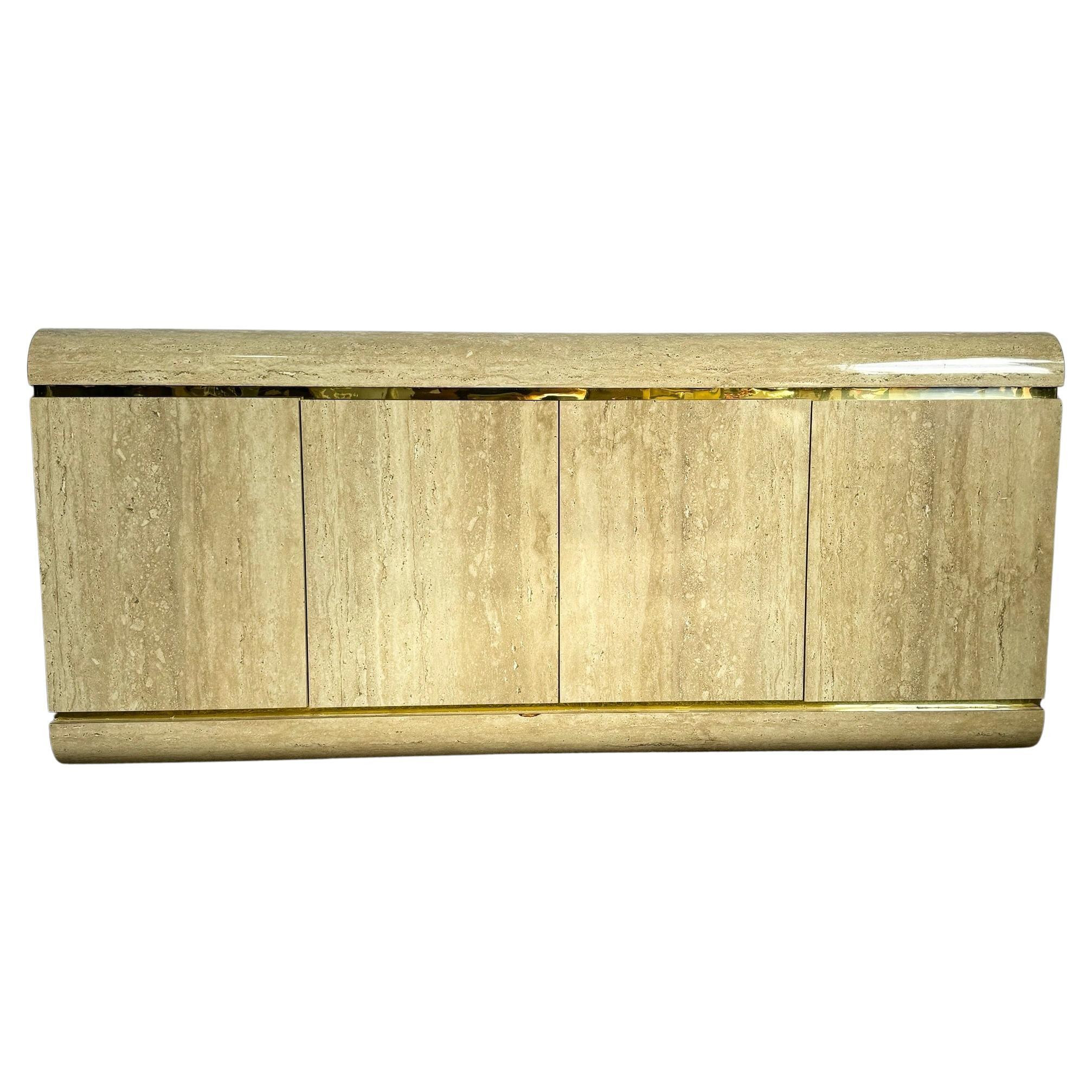 Postmodern Faux Travertine Laminate Waterfall Credenza With Gold Accent | 1stDibs