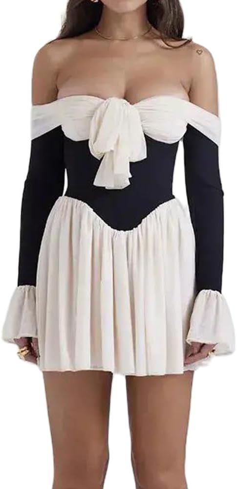 Women Off Shoulder Mini Dress Strapless Long Sleeve Patchwork Ruffle Dress Fairy Bodycon Dress Y2... | Amazon (US)