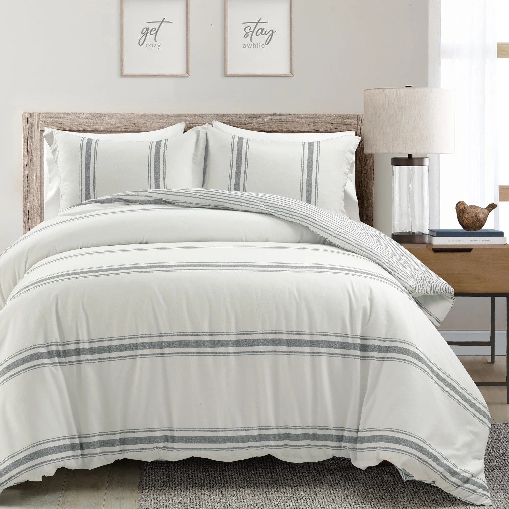 Lush Decor Farmhouse Stripe Reversible Cotton Duvet Cover Dark Gray 3Pc Set King - Walmart.com | Walmart (US)