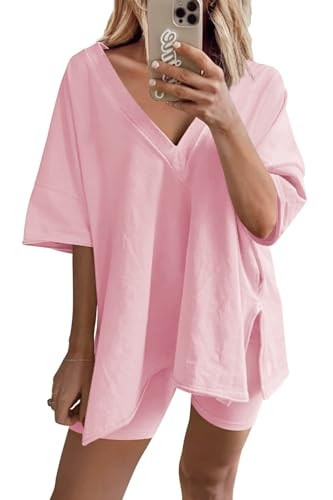 Ailoqing 2 Piece Outfits for Women Summer Oversized V Neck T Shirt Biker Short Sets Hot Shot Reve... | Amazon (US)