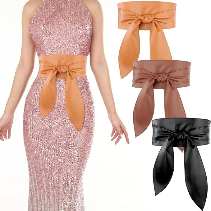 3 Pack Women Obi Belt Fashion PU Leather Wide Waistband Knotted Belt for Dress | Amazon (US)