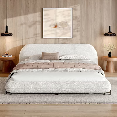 Queen Size Upholstered Platform Bed Frame with Thick Padded Headboard, Solid Wood Leg & Curve Design, White - ModernLuxe | Target