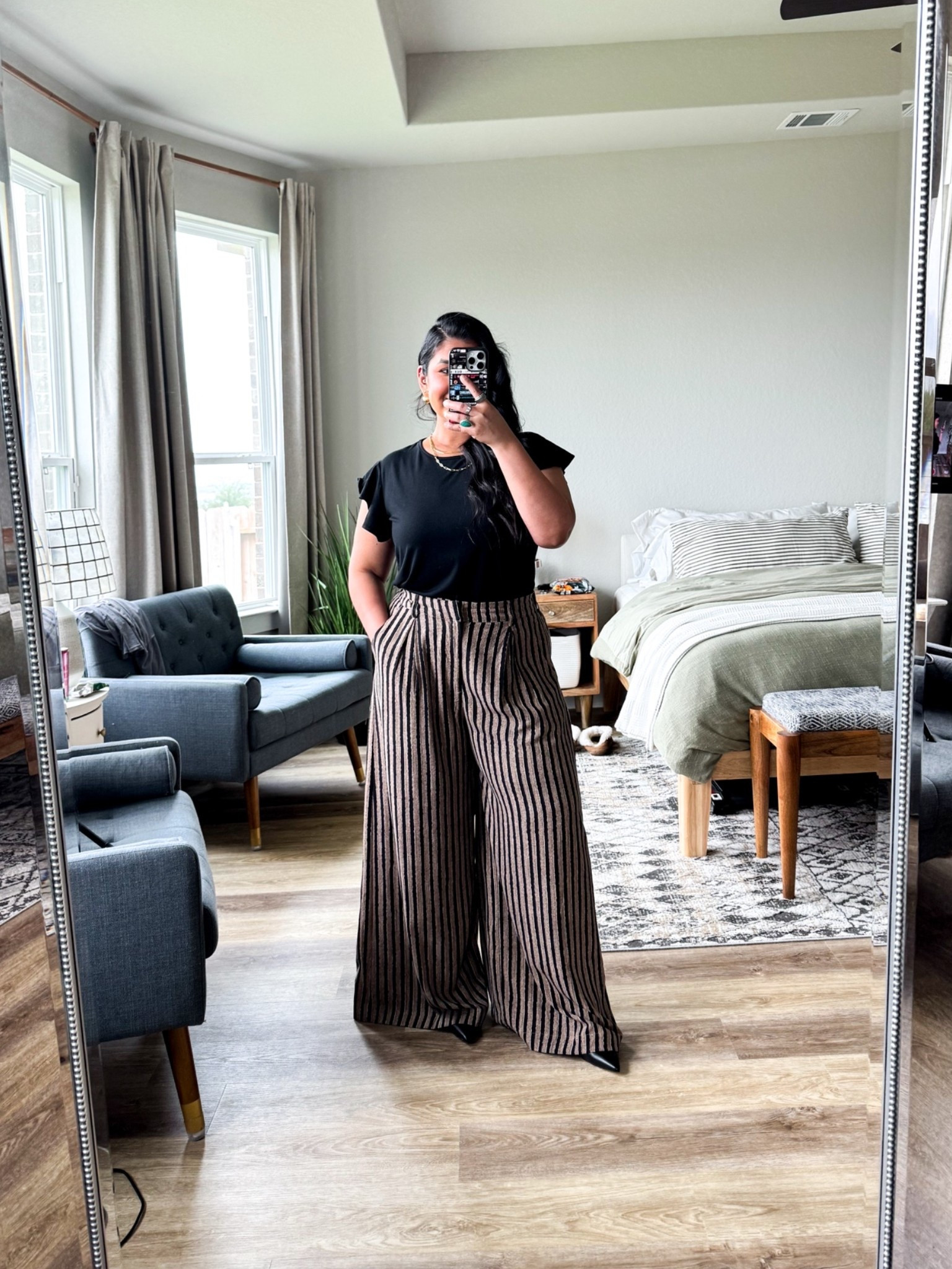 I’m 5’1” size 12⁣ ••• PANTS: from Amazon, wearing my true size large // these are a linen blend and have an elastic, stretchy waist in the back. They are a touch long on me, but with heels they’re perfect. They come in tons of cute prints!⁣ ••• TOP: from Walmart, sized down to a medium // very soft and stretchy. Love the ruffle sleeve detail.⁣ ••• Shoes are true to size. Also linking my seamless bra (from Amazon, size L) and high waisted undies from Skims (size L)⁣