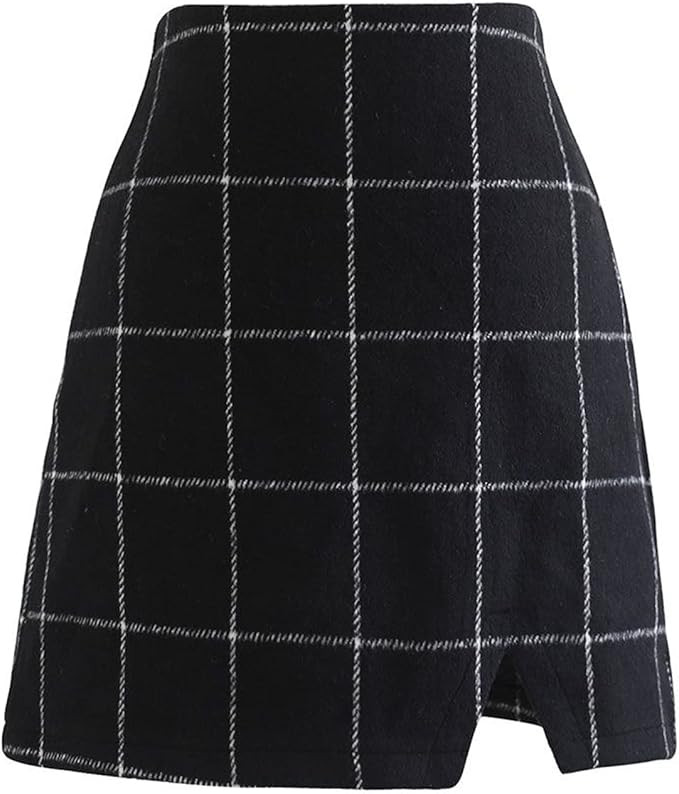CHICWISH Women's Brown Check/Black/White Grid Wool-Blend Mini Bud Skirt | Amazon (US)