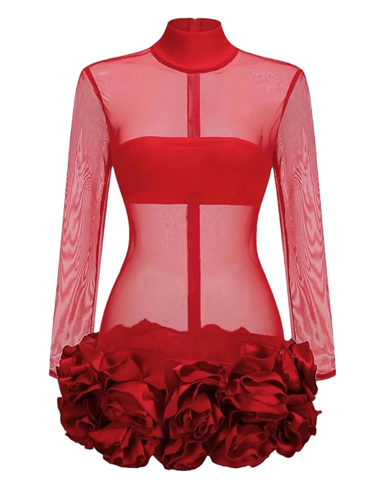 Solid Mesh Slimming Dresses for Women Long Sleeve High Waist Patchwork Appliques Mini Dress | Amazon (US)