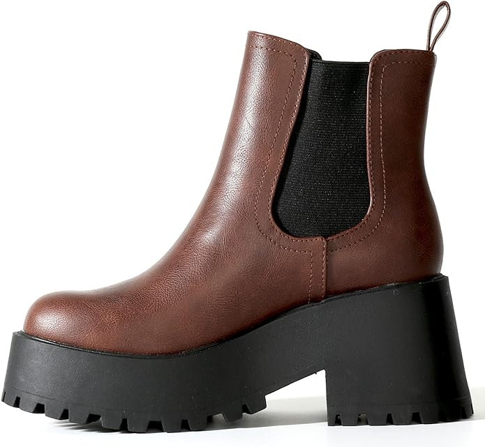 Chariot & Co: Lena- Women's Fashion Chunky Lug Sole Boot Round Toe Chelsea Elastic Booties | Amazon (US)