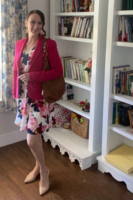 Easter dress, Easter outfit, spring dress, spring outfit, pink blazer, pink and navy, pink and navy dress, nude sling backs, spring slings, leather tote, brown tote, spring tote, classy style, minimalist style, preppy fashion 

#LTKitbag #LTKSeasonal #LTKworkwear