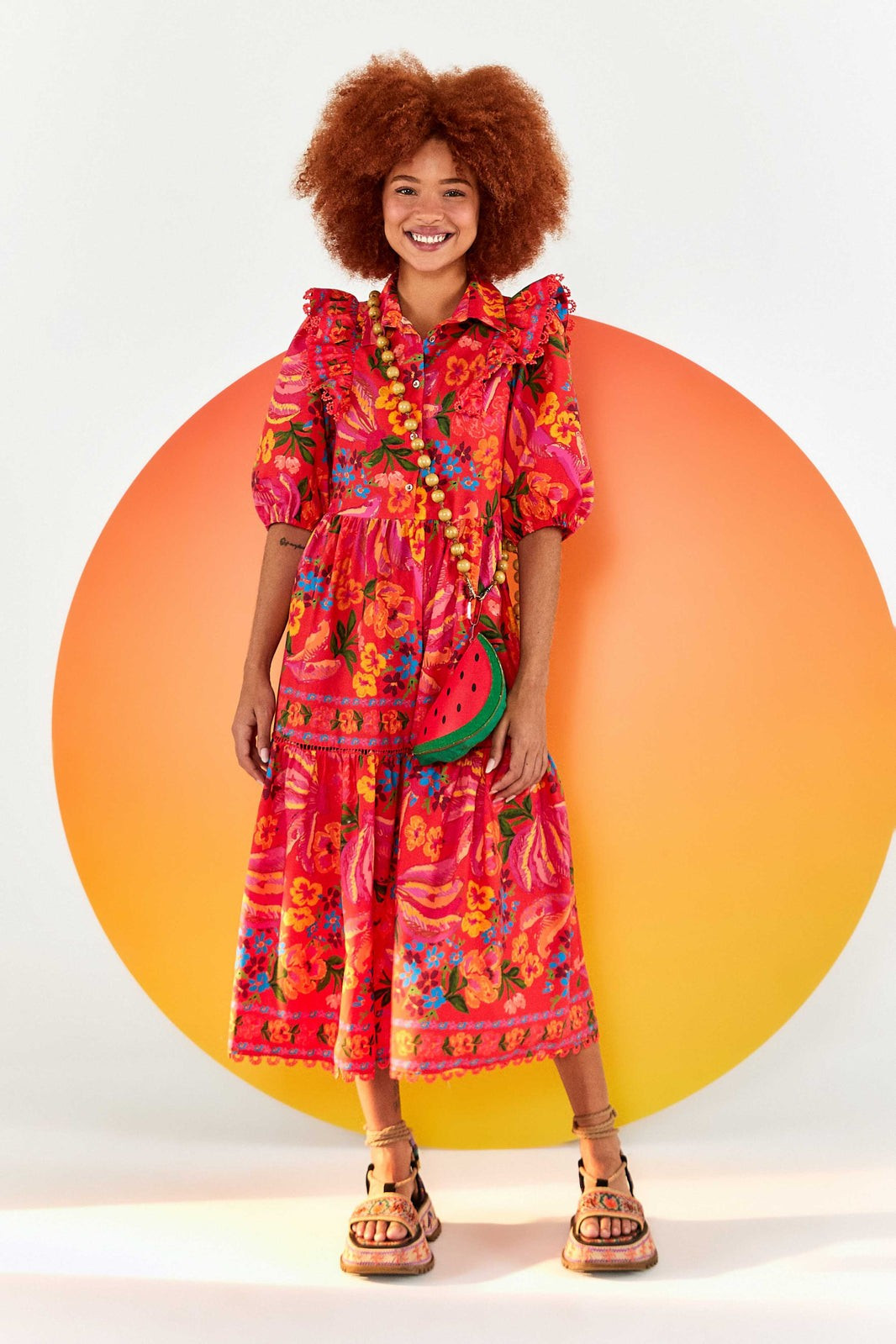 RED SPRING BANANAS MIDI DRESS | FarmRio (US)