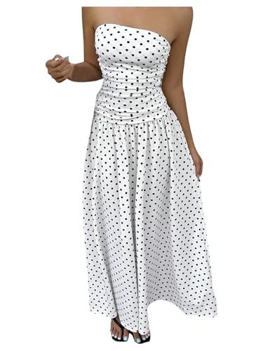Milumia Women's Polka Dots Strapless Ruched Maxi Dress Ruffle A Line Summer Dresses Sundress | Amazon (US)