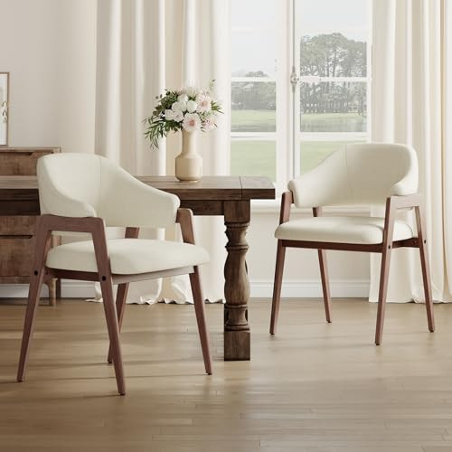 MALOL Wooden Dining Chairs Set of 2, Modern Fabric Upholstered Dining Room Chair, Kitchen Side Chairs, Farmhouse Dinner Chair with Curved Open Back for Kitchen, Beige | Amazon (US)