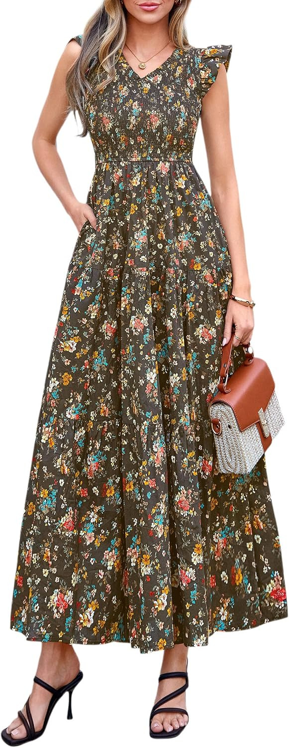PRETTYGARDEN Women's Smocked Boho Floral Maxi Dress | Amazon (US)