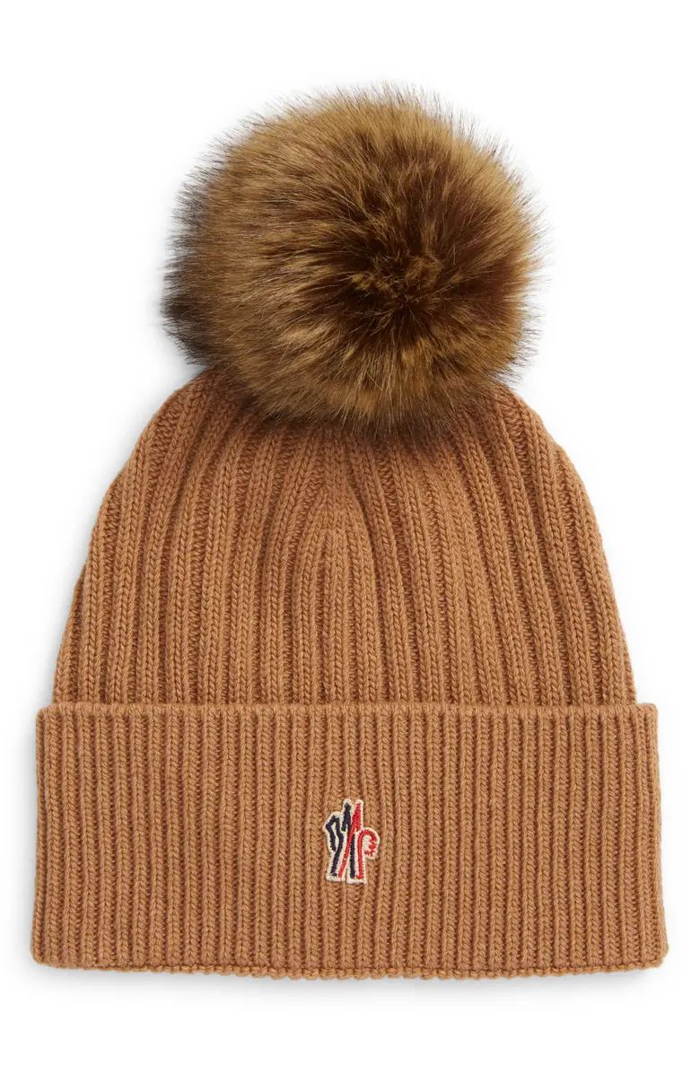 Moncler Rib Cashmere Blend Beanie with Faux Fur Pompom | Nordstrom | Nordstrom