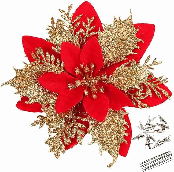 Greentime 12 Pcs 14cm / 5.5in Artificial Gold Red Poinsettia Flowers Decorations with Clips and S... | Amazon (US)