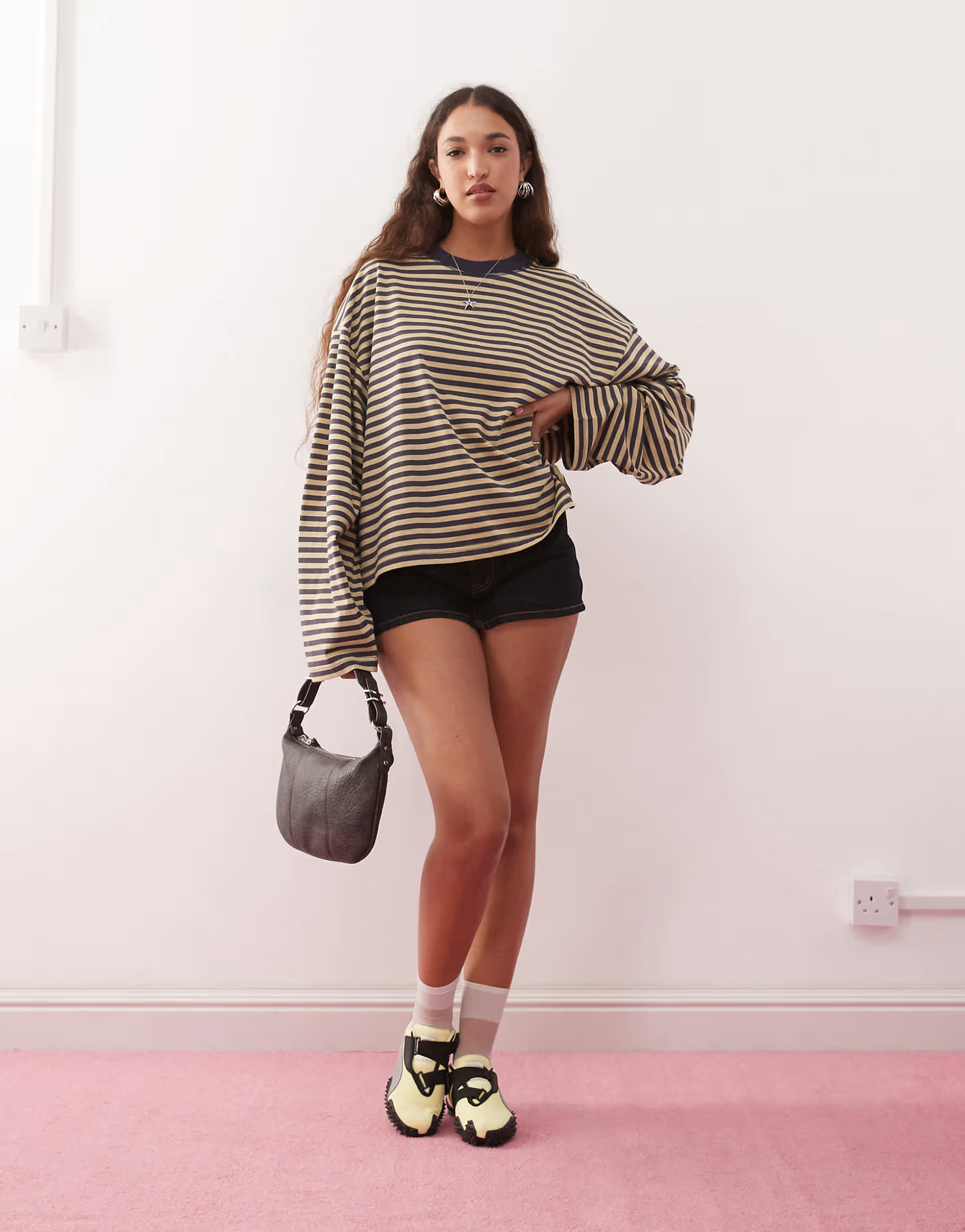 Lioness Bloom long sleeve oversized striped t-shirt in beige & navy stripe | ASOS (Global)