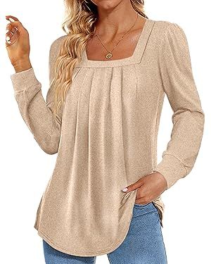 Funlingo 2024 Women's Long Sleeve Tops Dressy Pleated Square Neck Tunic Blouses Casual Loose Shir... | Amazon (US)