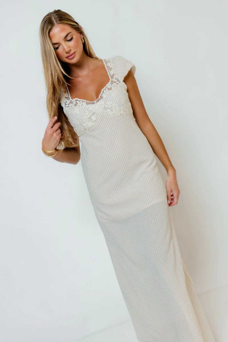 Shay Embroidered Lace Cap Sleeve Maxi Dress in Taupe/Ivory | Worth Collective