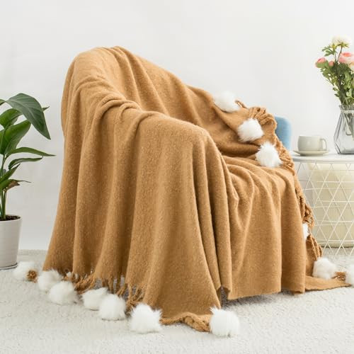 GINAMUSE Camel Pom Pom Throw Blanket for Couch, 50"X60" Soft Lightweight Knitted Farmhouse Decorative Blankets for Bed and Sofa | Amazon (US)
