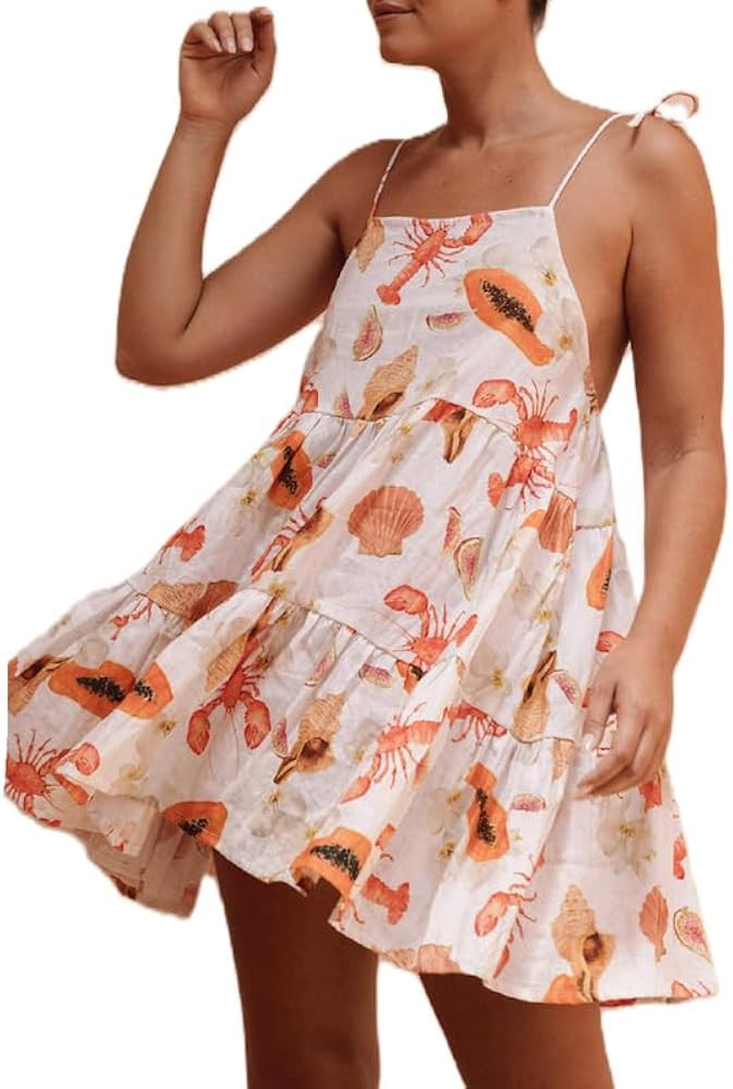 NUFIWI Women Boho Graffiti Cami Mini Dress Spaghetti Strap Printed A Line Short Dress Backless Cu... | Amazon (US)
