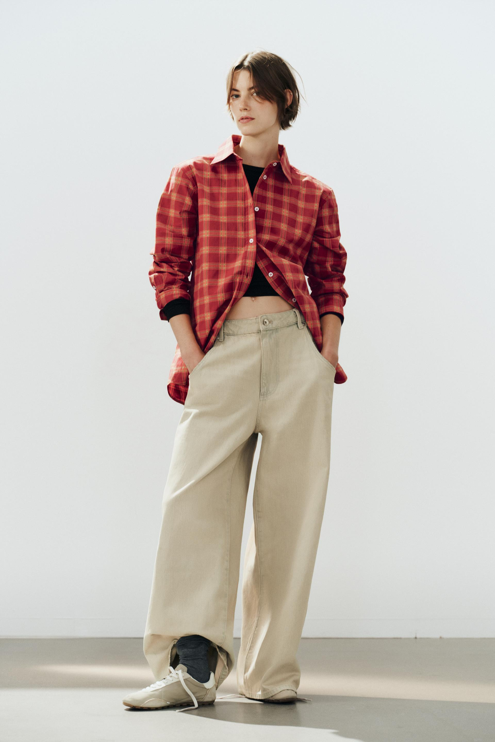 Zara - Check Poplin Oversize Shirt - Orange - L - Woman | Zara UK