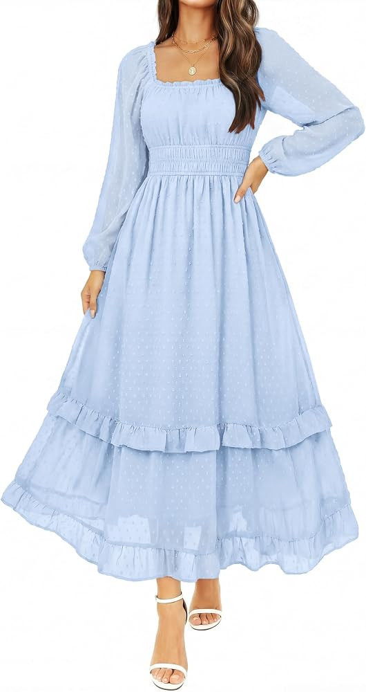 Womens Summer Fall Swiss Dot Chiffon Square Neck Maxi Wedding Guest Dress | Amazon (US)
