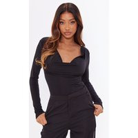 Deep Black Slinky Cowl Neck Long Sleeve Bodysuit | PrettyLittleThing US