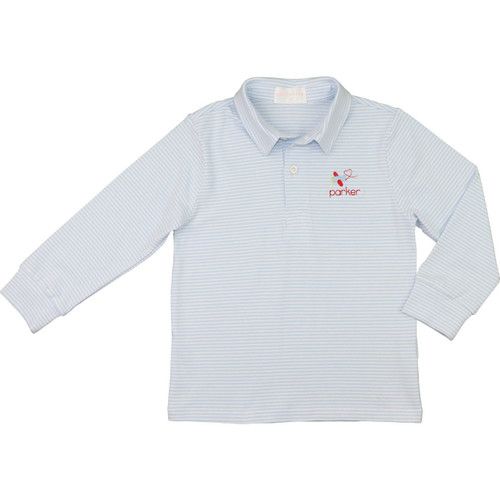 Blue Knit Stripe Embroidered Airplane Heart Polo | Cecil and Lou
