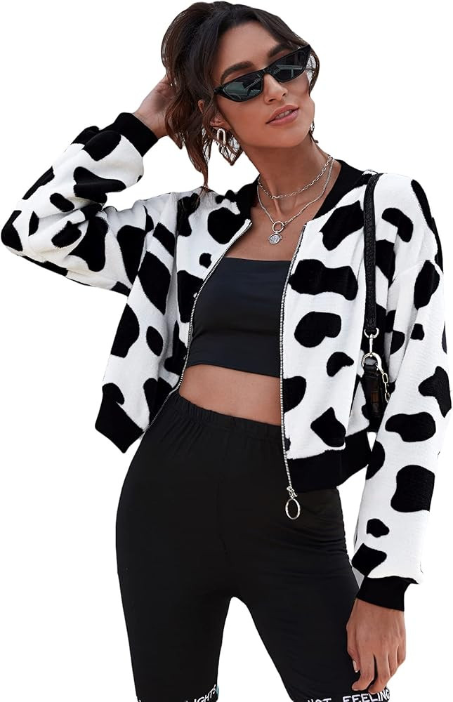 OYOANGLE Women's Long Sleeve Cow Print Casual Zip Up Fuzzy Bomber Jacket Tops | Amazon (US)