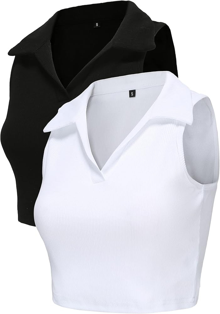 Womens 2 Pack Workout Crop Tops Collared Sleeveless Ribbed Tank Top Athletic Golf Polo Shirts Exe... | Amazon (US)
