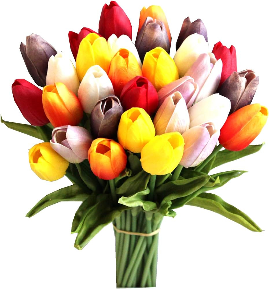 Mandy's 28pcs Multicolor Artificial Tulip Silk Fake Flowers 13.5" for New Year Spring Mother's Da... | Amazon (US)