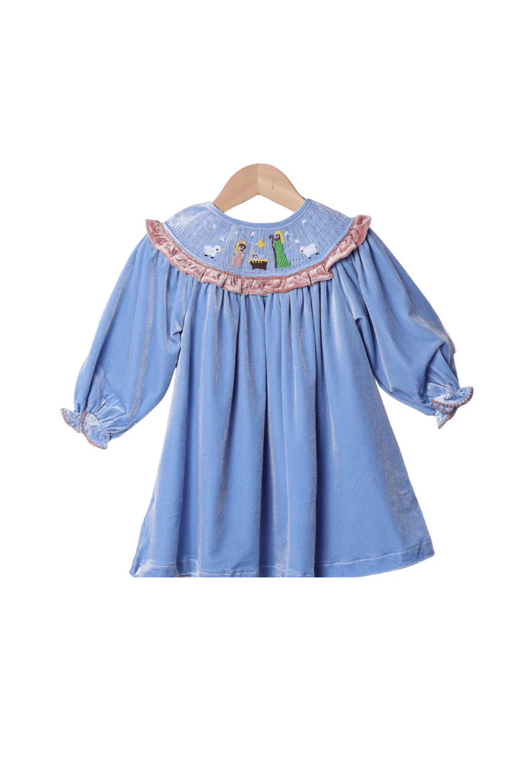 Smocked Away In a Manger Blue Velvet Dress | The Smocked Flamingo