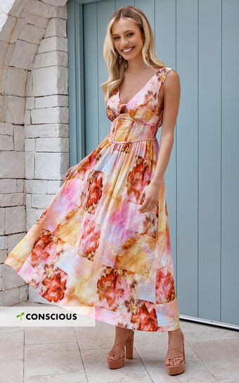 Amalie The Label - Chamika Linen Blend Bustier Double Tie Back Midi Dress in Marsielle Print | Showpo (US, UK & Europe)