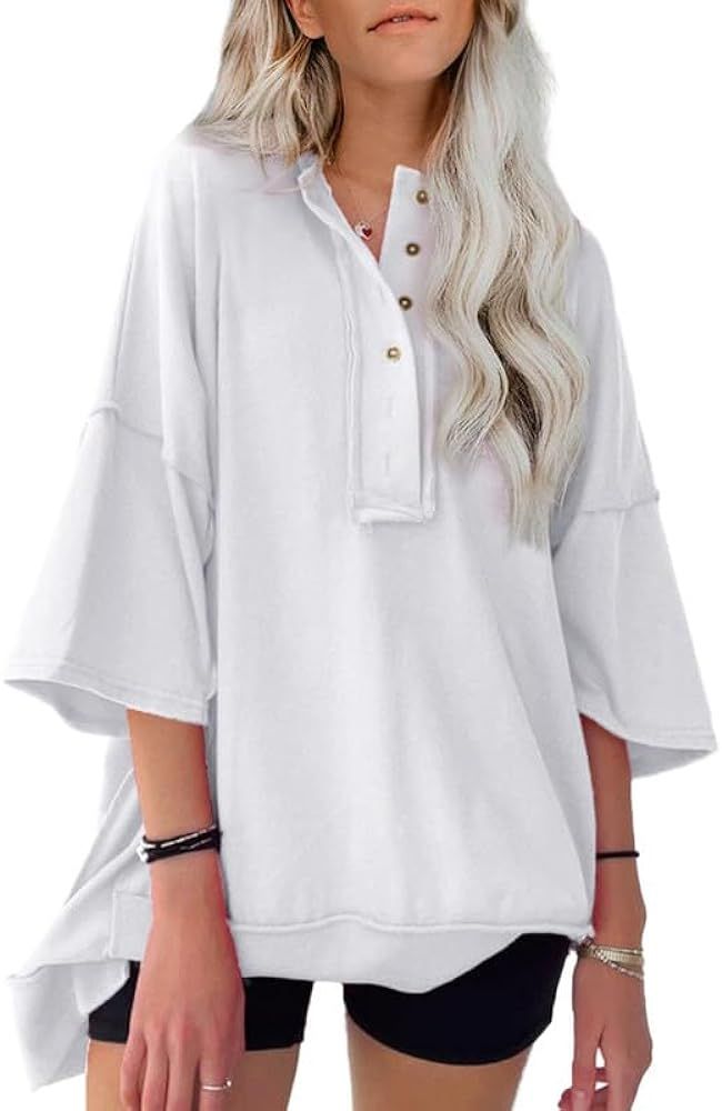 SHEWIN Women's Fashion Oversized T Shirts Casual Short Sleeve Sweatshirt Button Down Henley Neck ... | Amazon (US)