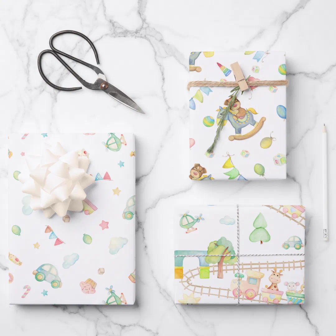 Watercolor Baby shower Infant Toys Trains Pattern Wrapping Paper Sheets | Zazzle | Zazzle