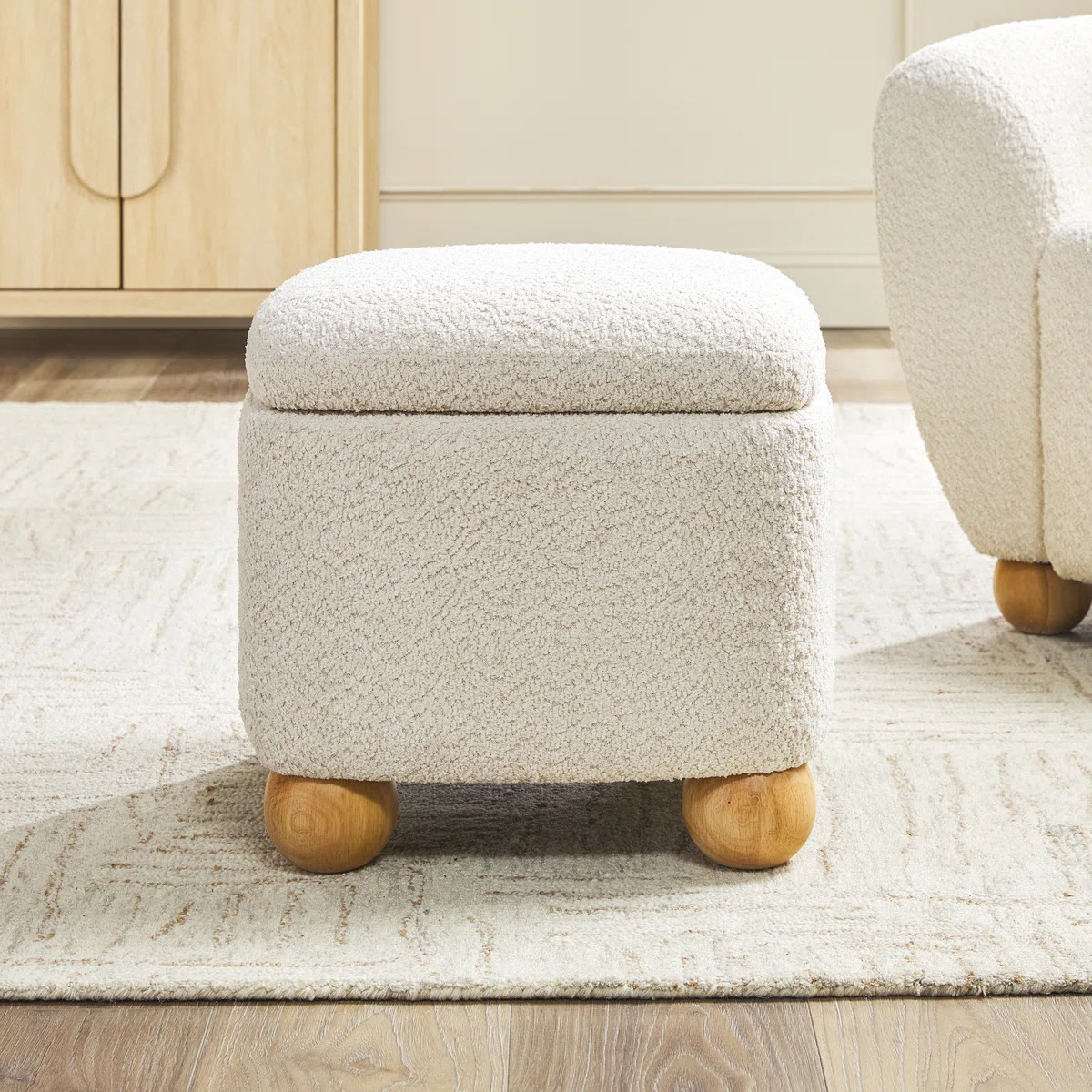 Walker Edison Contemporary Bouclé Upholstered Small Storage Ottoman With Wood Legs & Reviews | W... | Wayfair North America