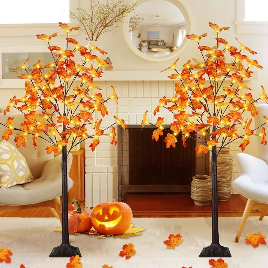 2Pack 4FT 100LED Artificial Lighted Maple Tree, Fall Decorations for Home, Timer Function Prelit ... | Amazon (US)