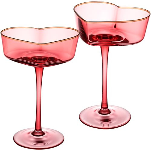 CHMKMPZG 2 Pcs Heart Shaped Coupe Glasses - Martini Glasses with Golden Rim - 8 oz Coupe Glasses Cocktail Glassware Set for Wedding, Mothers Day, Birthdays, Anniversary (Red) | Amazon (US)