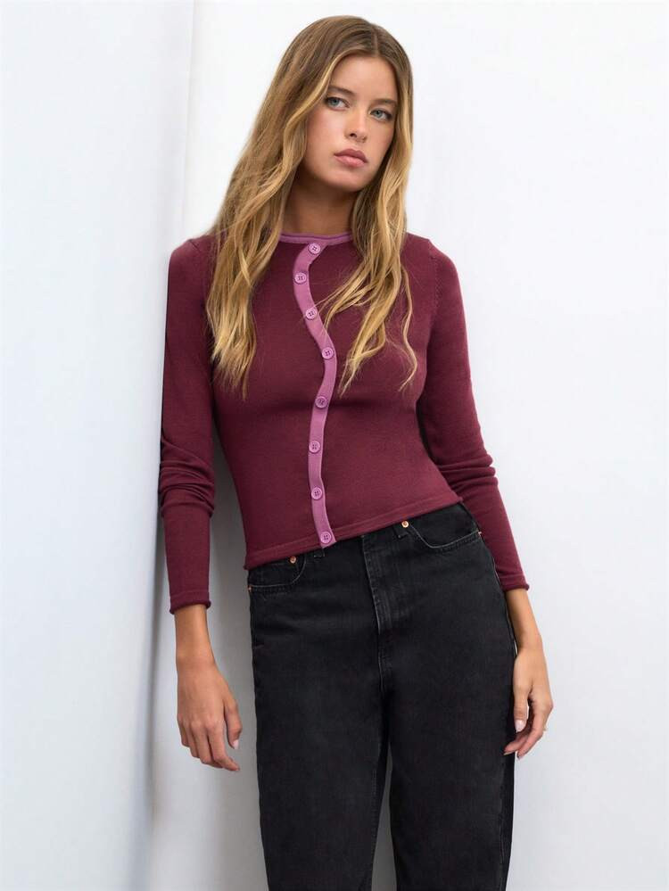 N\u00f6ista Burgundy Fitted Knit Top, Soft, Excellent Elasticity, Elegant Practical, Spring Autum... | SHEIN