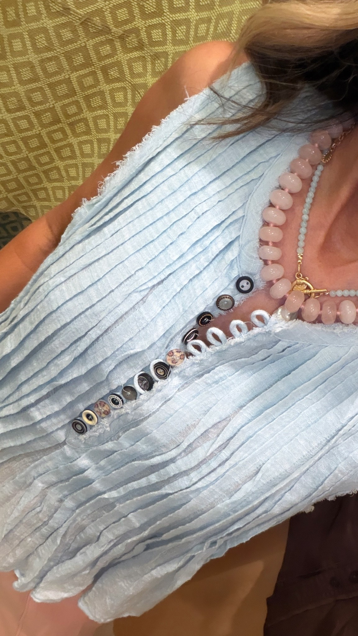 Really pretty light blouse  wearing a S
-pink beads are so good!

#LTKootd #LTKgrwm #LTKOver40