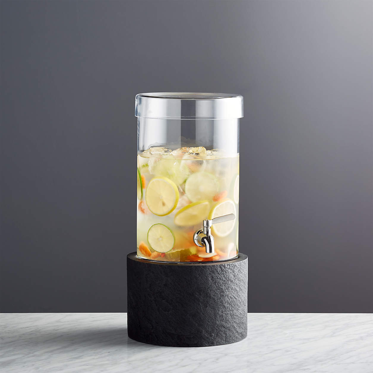 Claro Acrylic Drink Dispenser with Silver Stand + Reviews | Crate & Barrel | Crate & Barrel