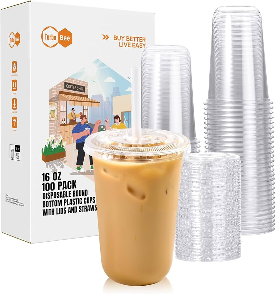 Turbo Bee Disposable Plastic Cups with Lids and Straws, 16 OZ, 100 Pack | Amazon (US)