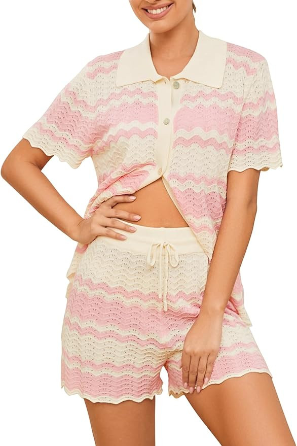 Moreone 2 Piece Lounge Set Women Short Sleeve Striped Crochet Knit Sets Two Piece Button Up Pajam... | Amazon (US)