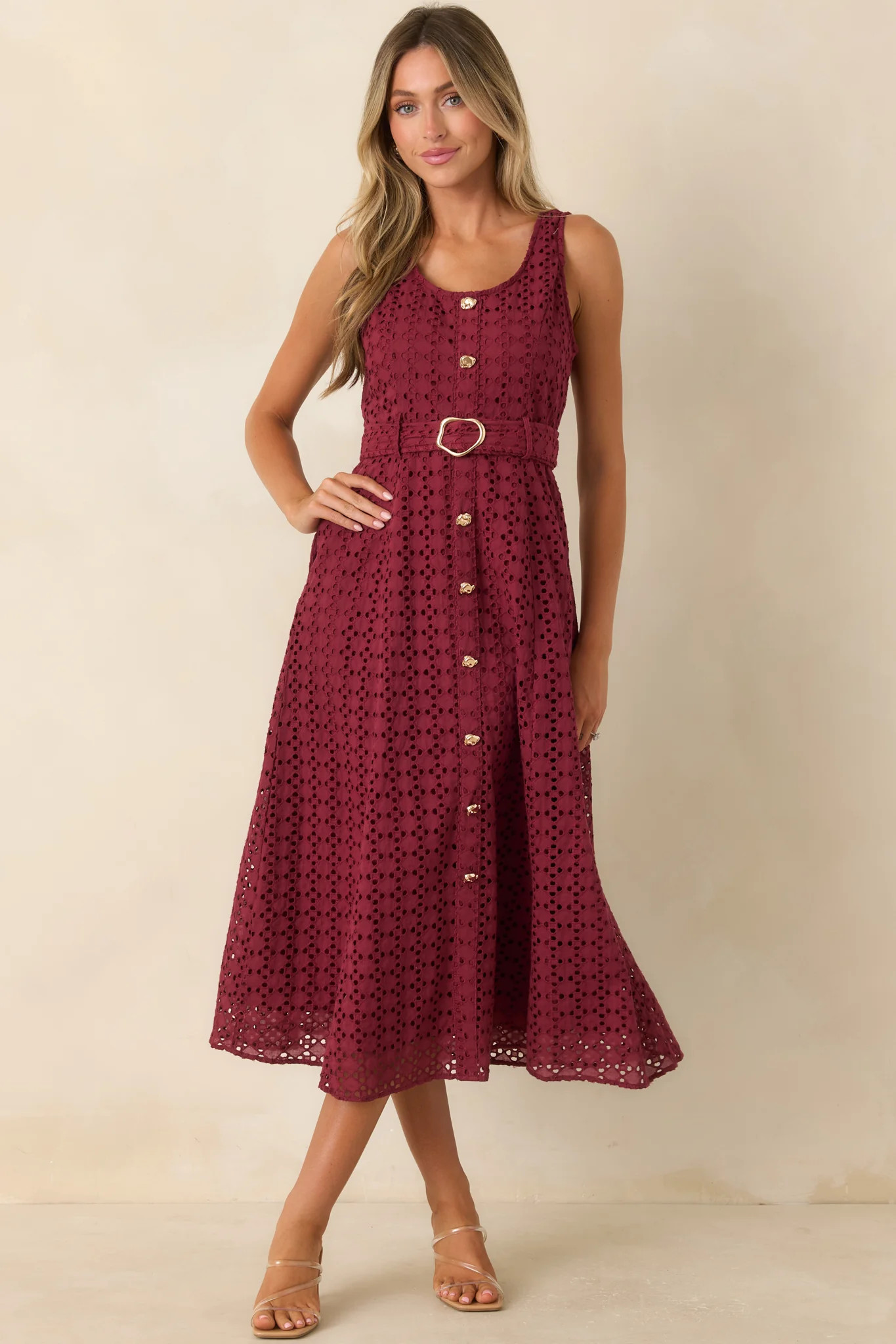 Garden Society Burgundy Cotton Eyelet Sleeveless Midi Dress | Red Dress