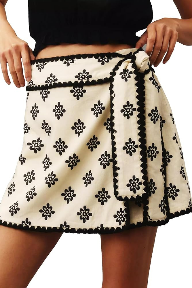 Wrap Printed Skirt for Women Casual Mini Skirt Knot Side Waist Bodycon Flowy Beach Shorts | Amazon (US)