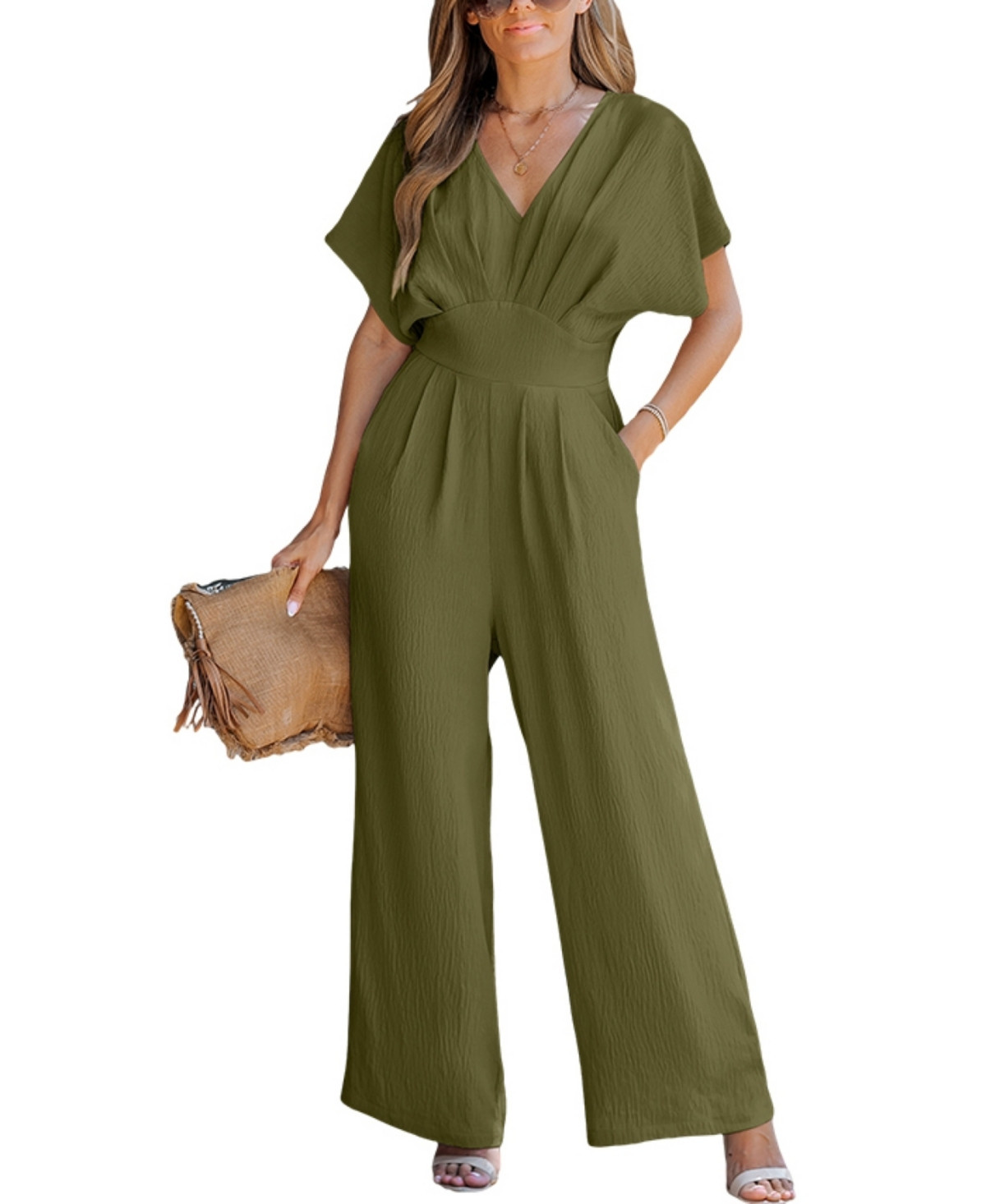 Cupshe Women's V-Neck Short Sleeve Straight Leg Jumpsuit - Green | Macy's
