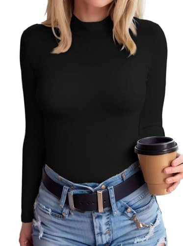 SANDERY Mock Neck Tops for Women Casual Long Sleeve Shirts Tops Basic Ribbed Slim Tee Top Fitted Cute Blouse Black X-L | Amazon (US)