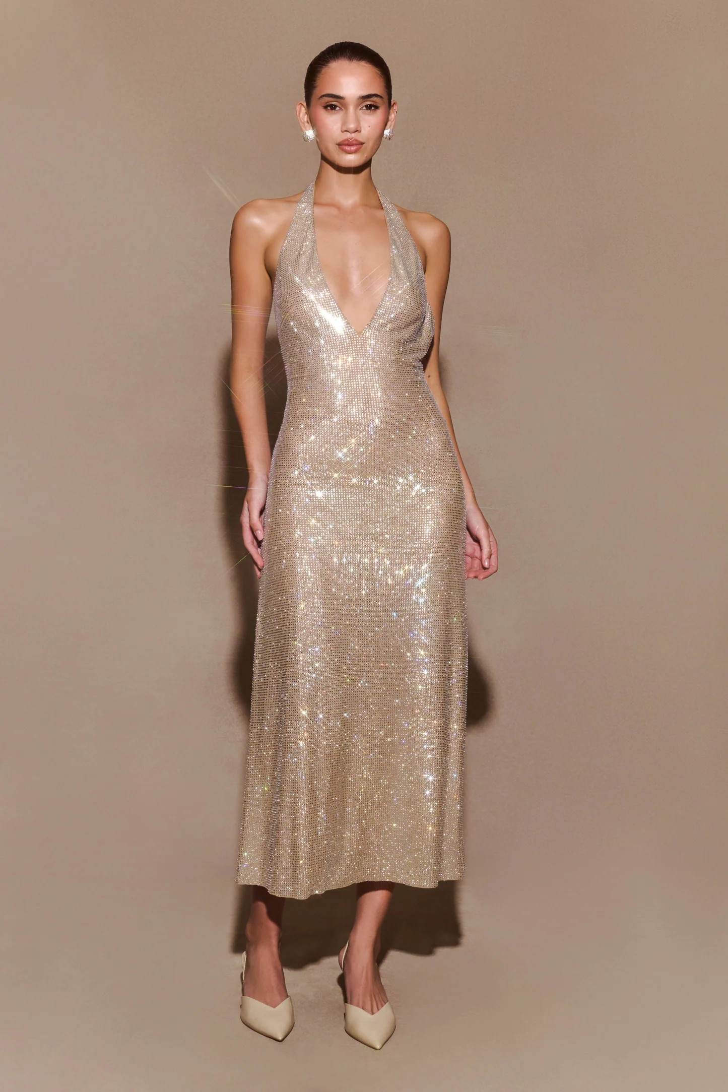Genie Diamante Halter Midi Dress - Nude | MESHKI US