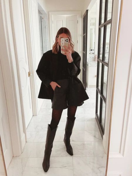 Winter date night look. Vegan leather shorts, sweater, blazer, boots and stockings. Cella Jane. Outfit inspiration  

#LTKstyletip