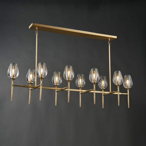 Plsintly Modern Crystal Chandelier 10 Lights Brass, 65in Gold Rectangle Tulip K9 Crystal Chandeliers, Large Chandelier Ceiling Light for Dining Living Room Bedroom Entryway, E12 Bulbs Included | Amazon (US)