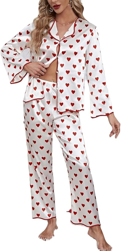 FOMOYUU Womens Satin Silk Pajama Set Valentine's Day Heart Print Long Sleeve Shirt and Long Sleep... | Amazon (US)